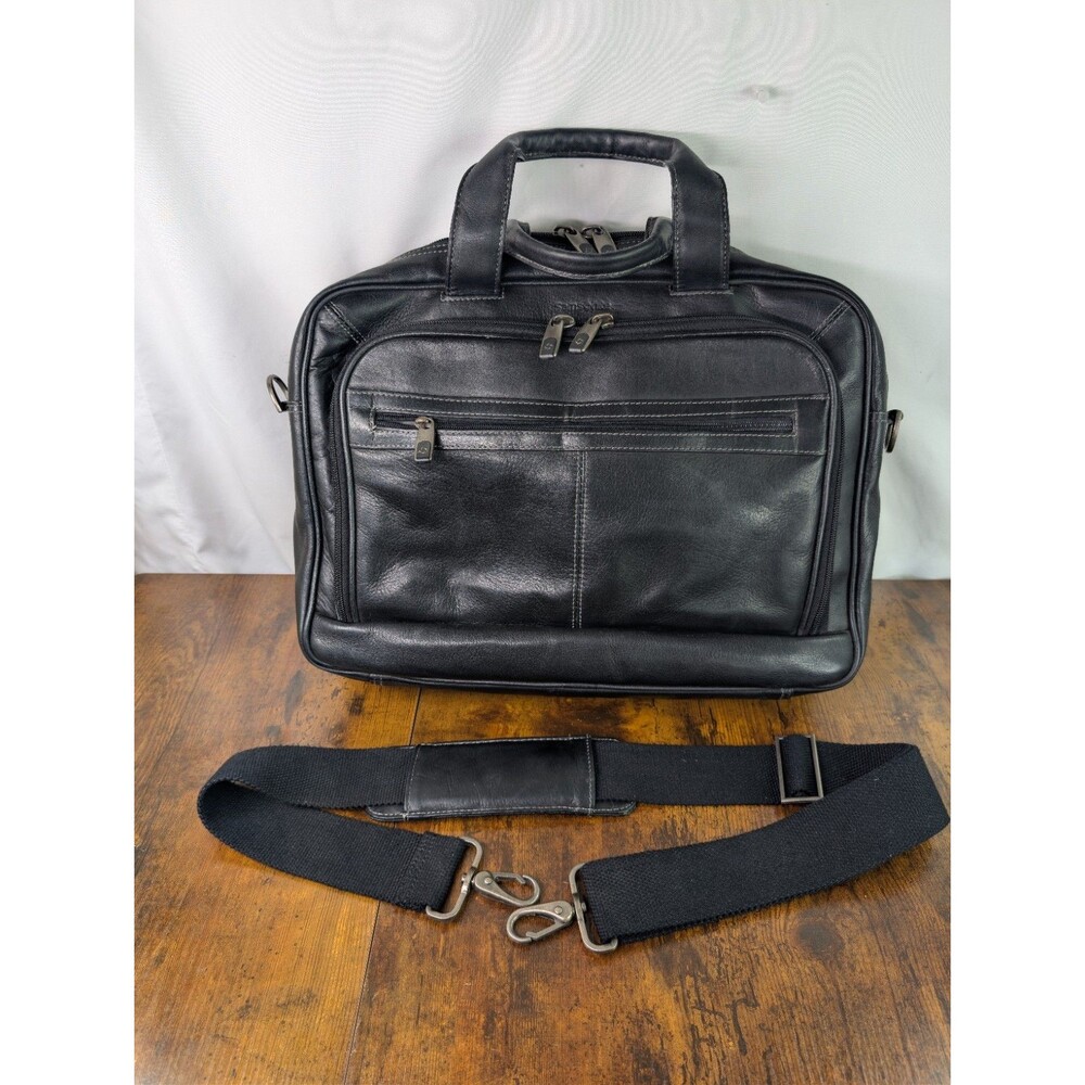 Samsonite Black Leather Laptop Business Briefcase Bag Expandable Shoulder Strap